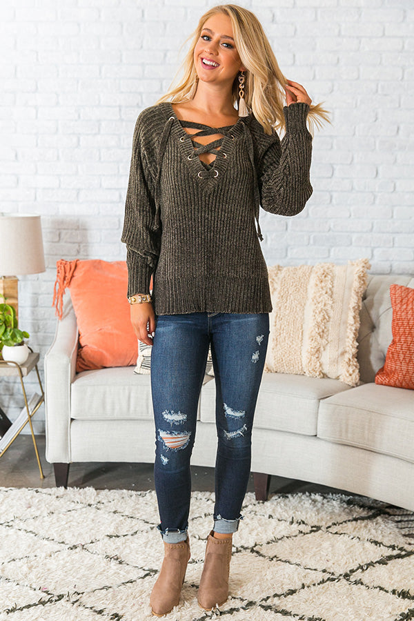 Fireside Champagne Lace Up Chenille Sweater in Army Green
