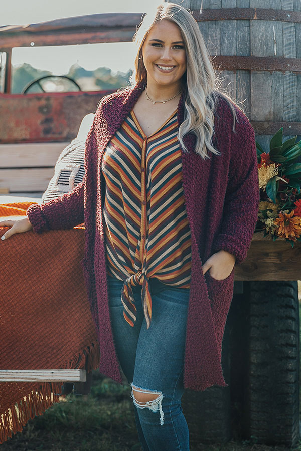 Let's Stay Home Popcorn Knit Cardigan in Wine Curves Image - 2