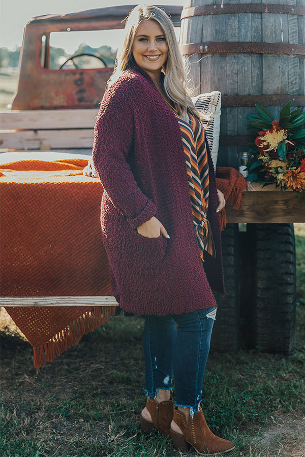 Let's Stay Home Popcorn Knit Cardigan in Wine Curves Image - 3