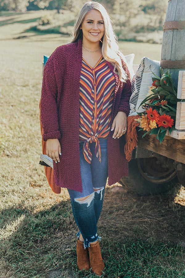 Let's Stay Home Popcorn Knit Cardigan in Wine Curves Image - 1