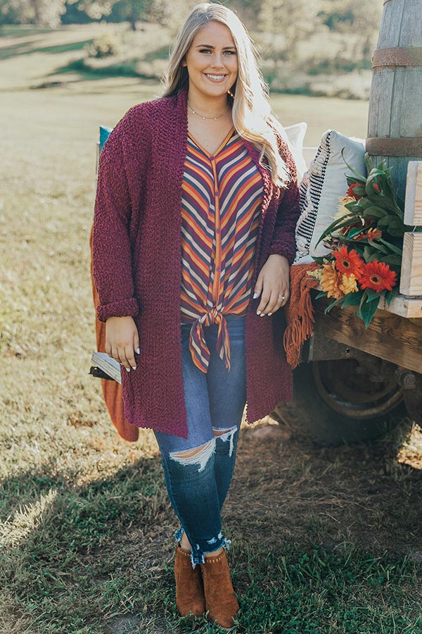 Let's Stay Home Popcorn Knit Cardigan in Wine Curves