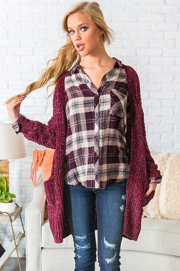 Sunsets And S'mores Nights Chenille Cardigan in Sangria