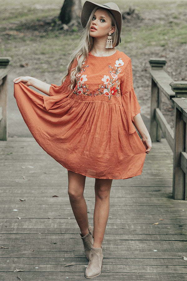 Secret To Happiness Embroidered Shift Dress in Rust Image - 1