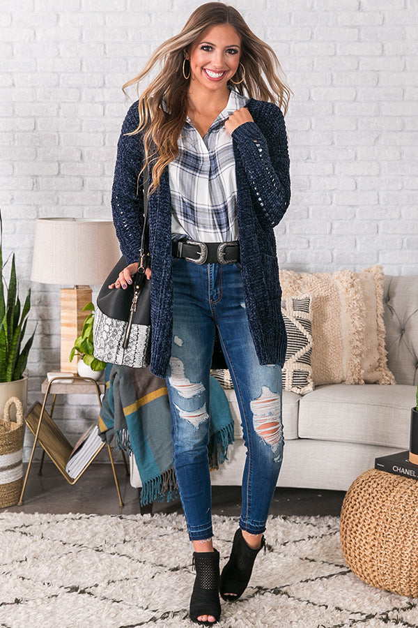 Sunsets And S'mores Nights Chenille Cardigan in Navy
