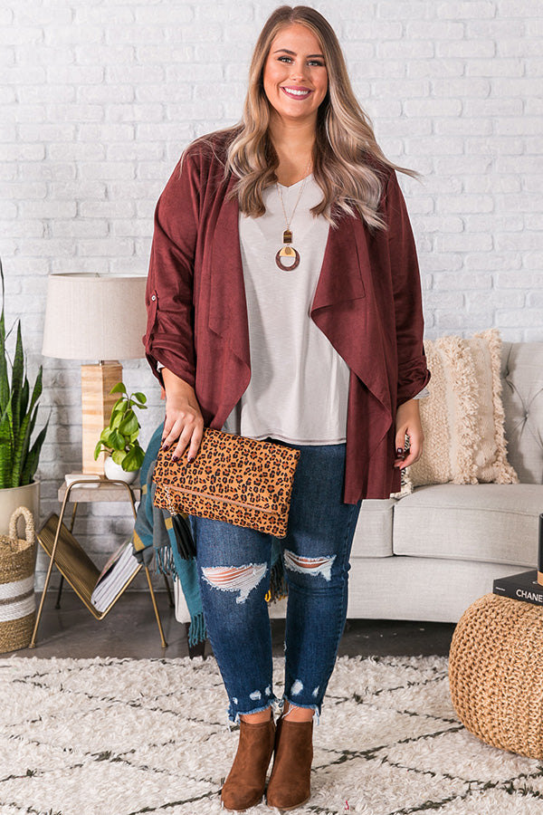 Cappuccino Crushing Faux Suede Jacket in Maroon Curves