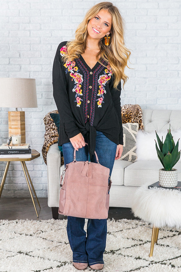 S'more In Love Embroidered Waffle Knit Top In Black