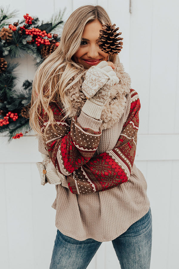 Holiday Spritzer Waffle Knit Top in Taupe