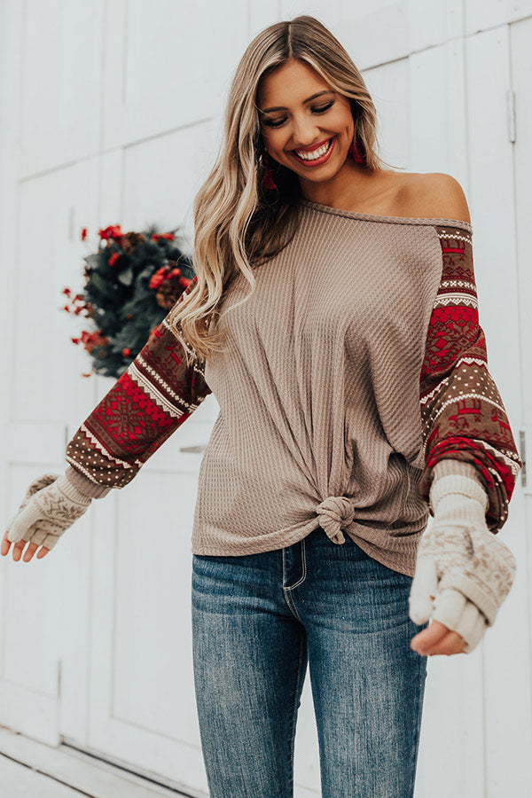 Holiday Spritzer Waffle Knit Top in Taupe Image - 3