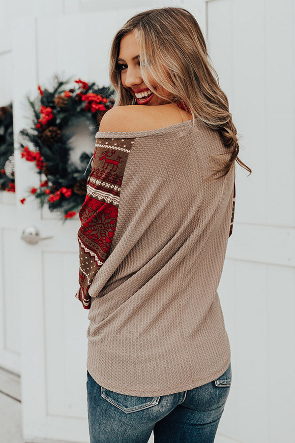 Holiday Spritzer Waffle Knit Top in Taupe Image - 5