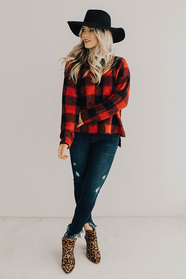 Red and black buffalo plaid sweater — classic fall check knit