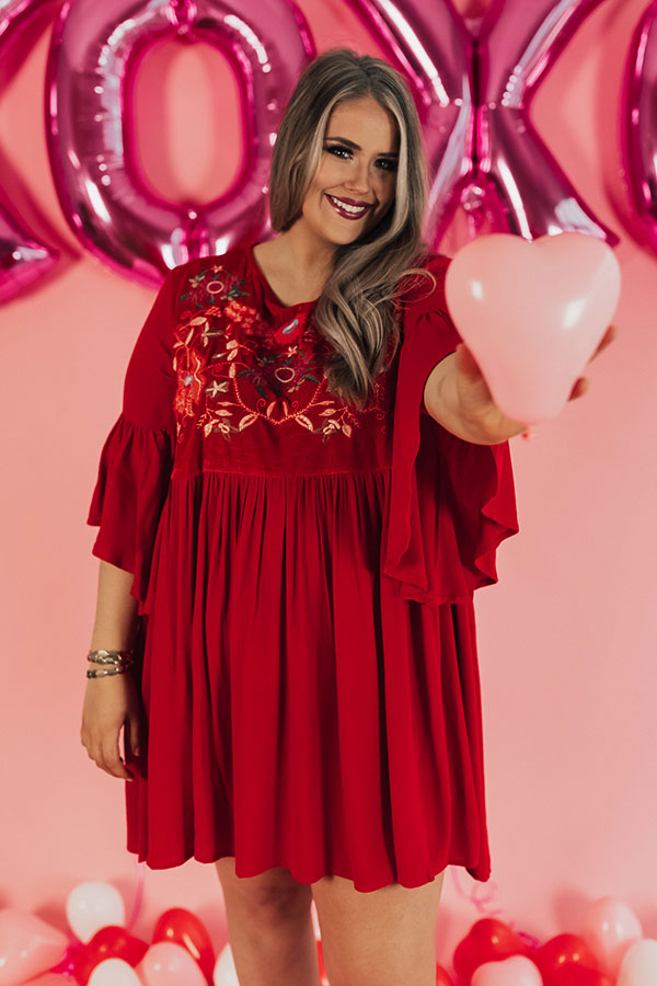 Darling Date Night Embroidered Shift Dress In Red  Curves Image - 2