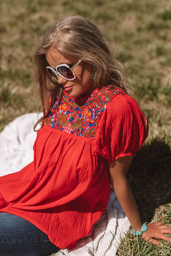 Barefoot in Barcelona Embroidered Top in Red Image - 1