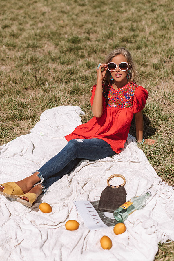 Barefoot in Barcelona Embroidered Top in Red Image - 2