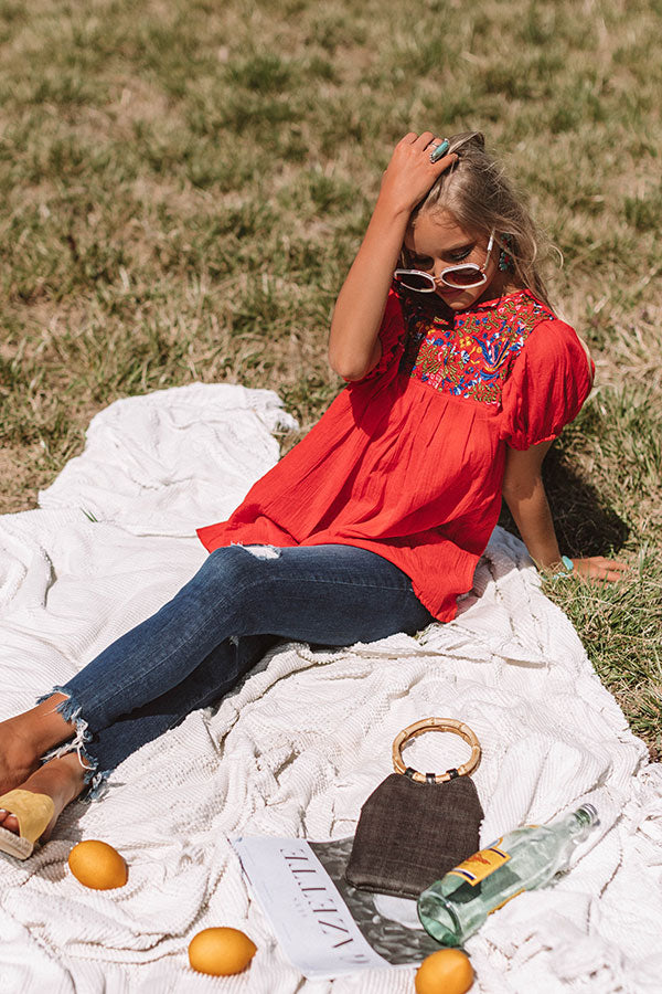 Barefoot in Barcelona Embroidered Top in Red Image - 4