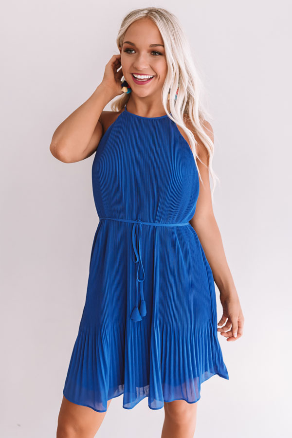 Laughing In London Pleated Dress In Royal Blue Image - 3