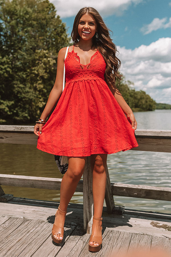 Setting Sail To Santorini Eyelet Dress In Red Image - 2
