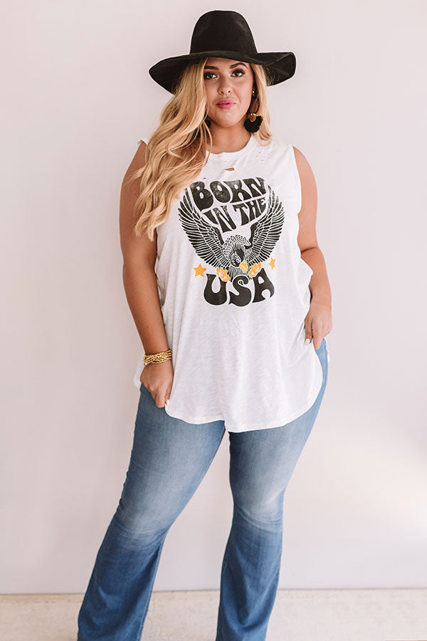Born In The USA Distressed Shift Tank in White Curves Image - 2