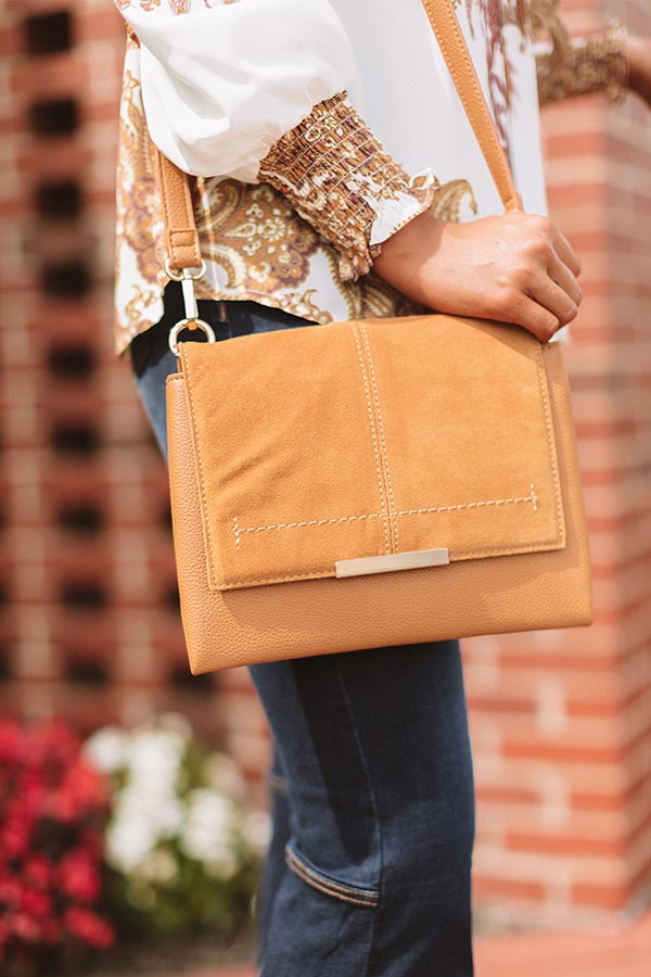 Champagne And Chic Faux Leather Crossbody In Camel