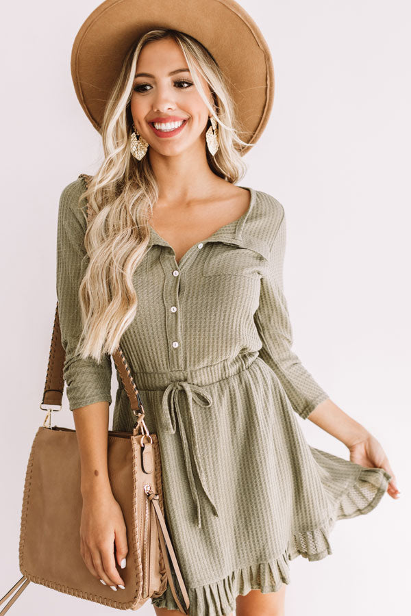 Autumn's Kiss Waffle Knit Dress in Sage Image - 3