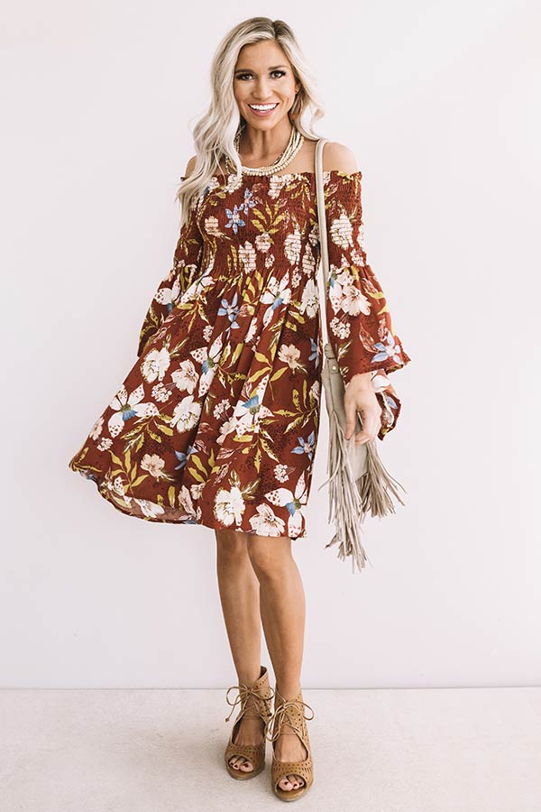 Garden Party Floral Shift Dress In Rust