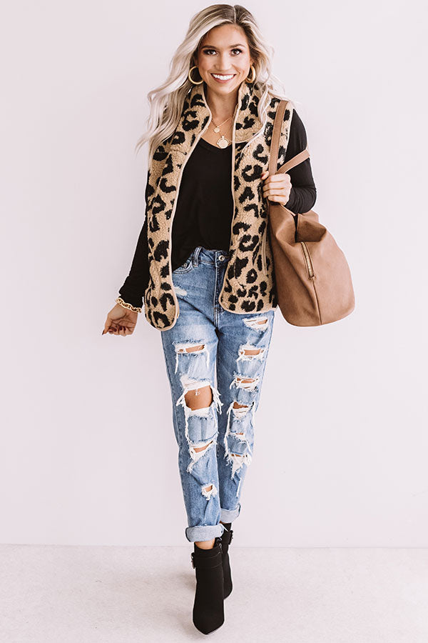 Bunny Slope Leopard Sherpa Vest In Khaki Image - 1