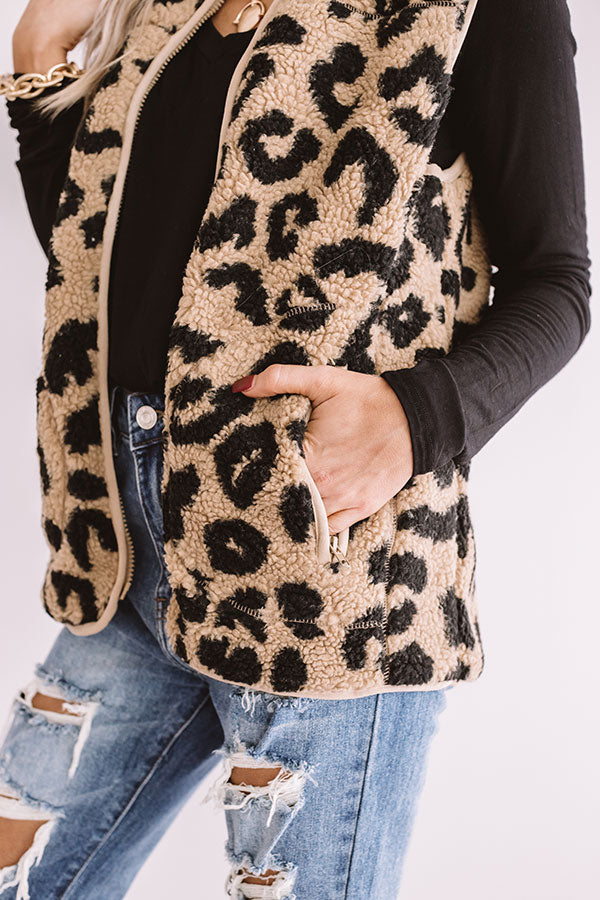 Bunny Slope Leopard Sherpa Vest In Khaki Image - 4