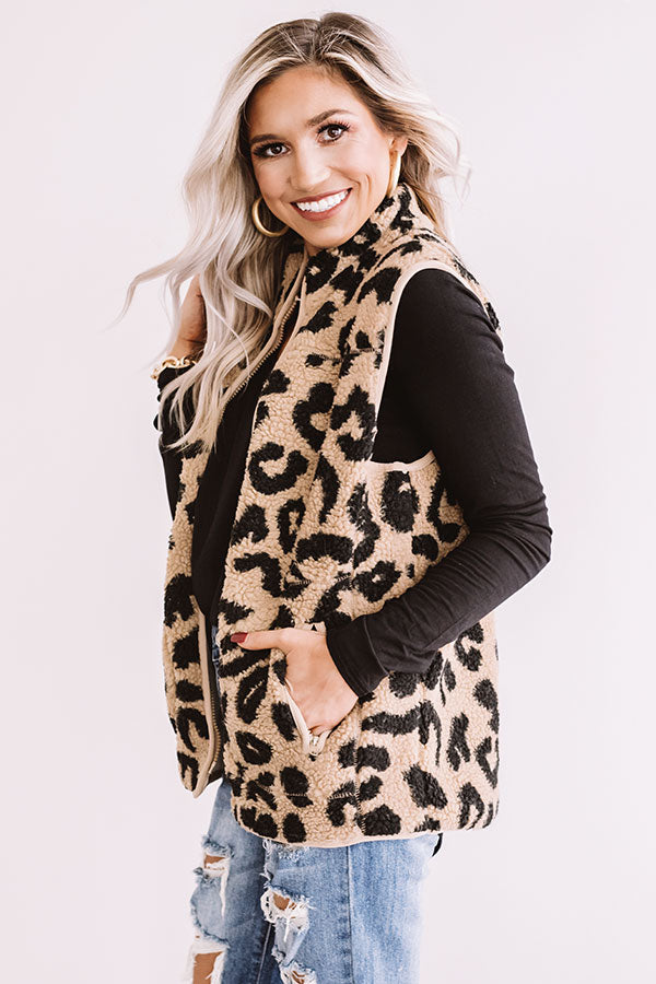 Bunny Slope Leopard Sherpa Vest In Khaki Image - 3