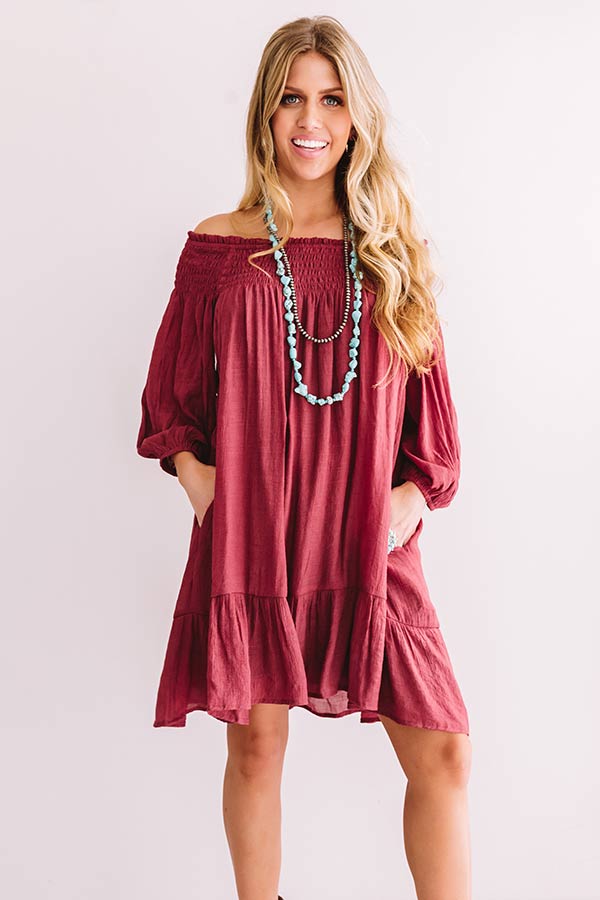 West Village Off Shoulder Shift Dress In Wine Image - 3