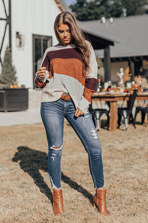 Cozy Sunday Charm Color Block Sweater In Maroon Image - 1