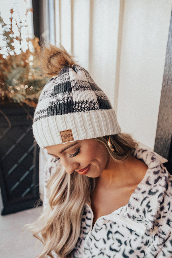 Kisses And Cabins Fleece Lined Checkered Beanie In Ivory Image - 4