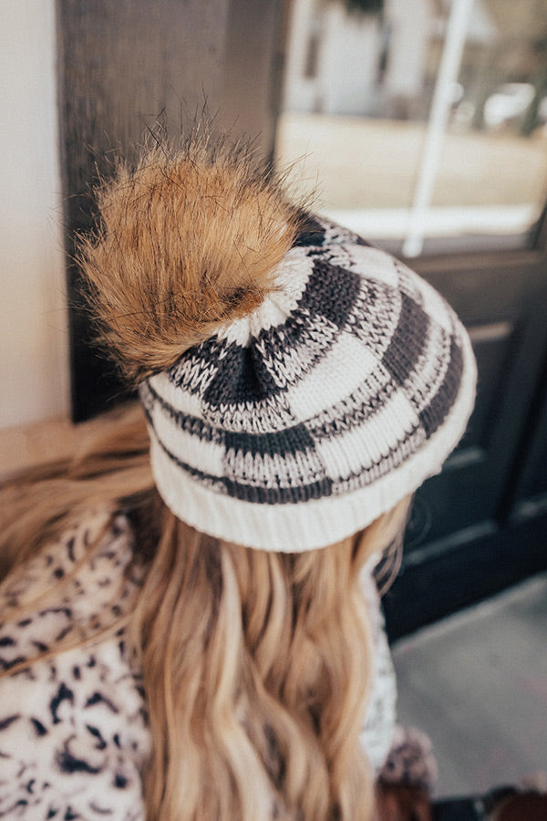 Kisses And Cabins Fleece Lined Checkered Beanie In Ivory Image - 5