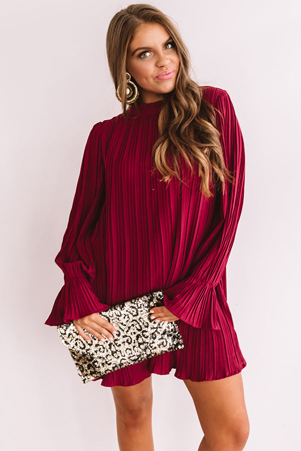 Rooftop Skyline Pleated Shift Dress In Wine Image - 1