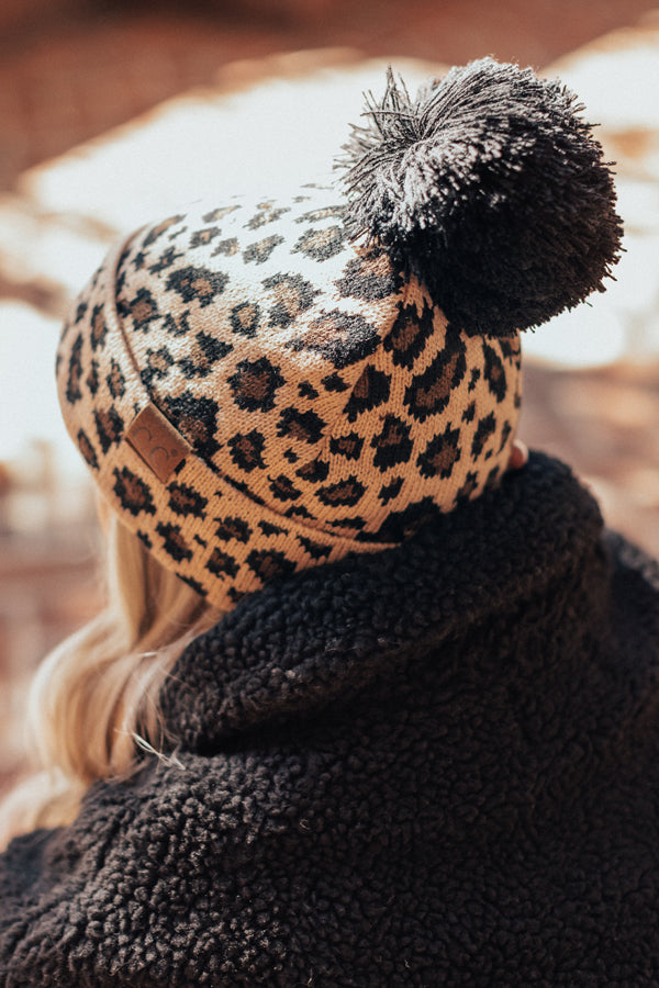 Knit Beanie Cc Leopard Beanie Animal Print Fur Pom CC Beanie HAT2315 –