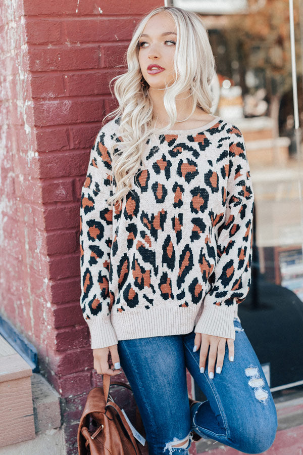 Plaza Party Open Back Leopard Sweater In Iced Mocha Image - 5