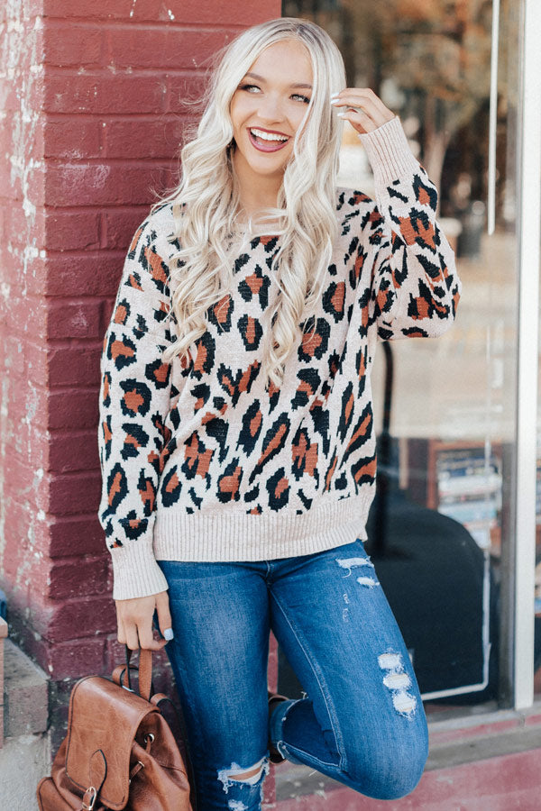 Plaza Party Open Back Leopard Sweater In Iced Mocha Image - 2