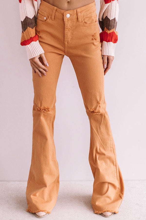 The Gabby Distressed High Waist Flare In Light Pumpkin Image - 1