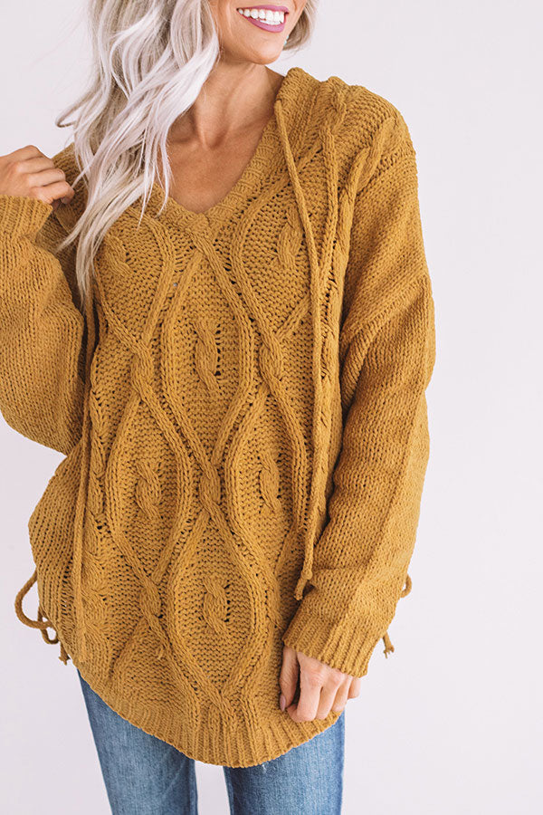 Posh Times Cable Knit Hoodie In Mustard Image - 3