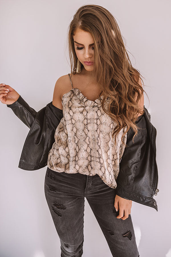 Notorious Flirt Snake Print Shimmer Tank in Warm Taupe