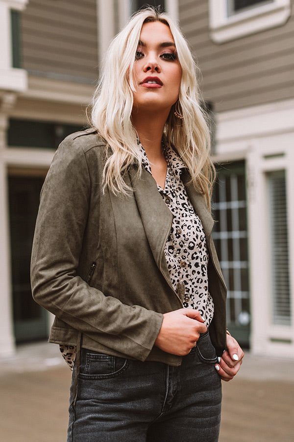 Savvy In The City Faux Suede Jacket In Olive Image - 2