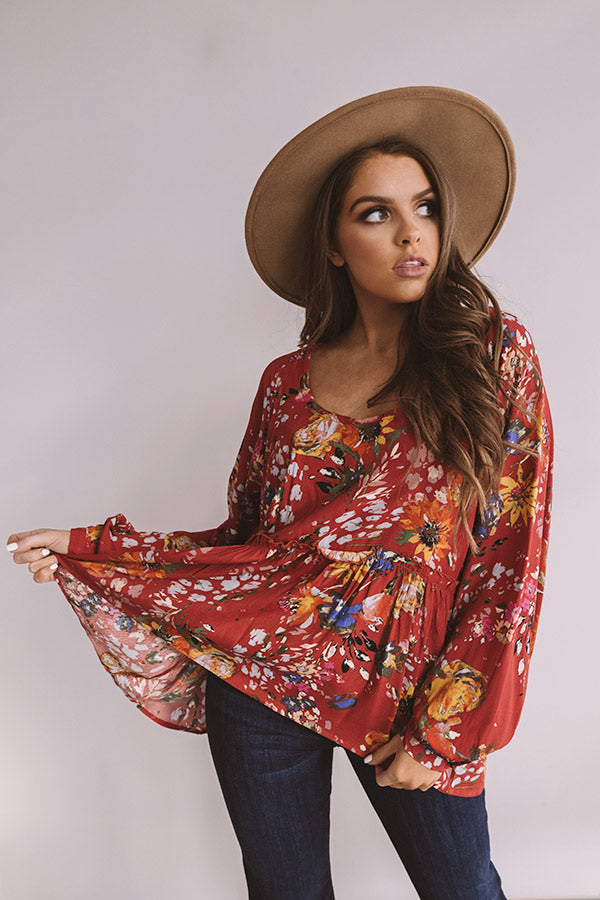 Date With Destiny Floral Babydoll Top In Aurora Red