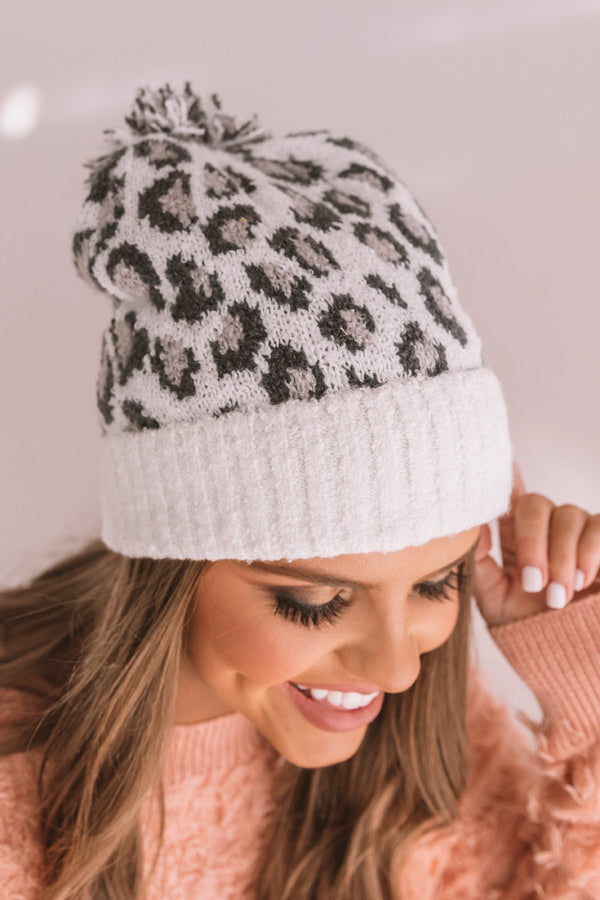 Fresh Snowfall Leopard Pom Beanie in Ivory Image - 1