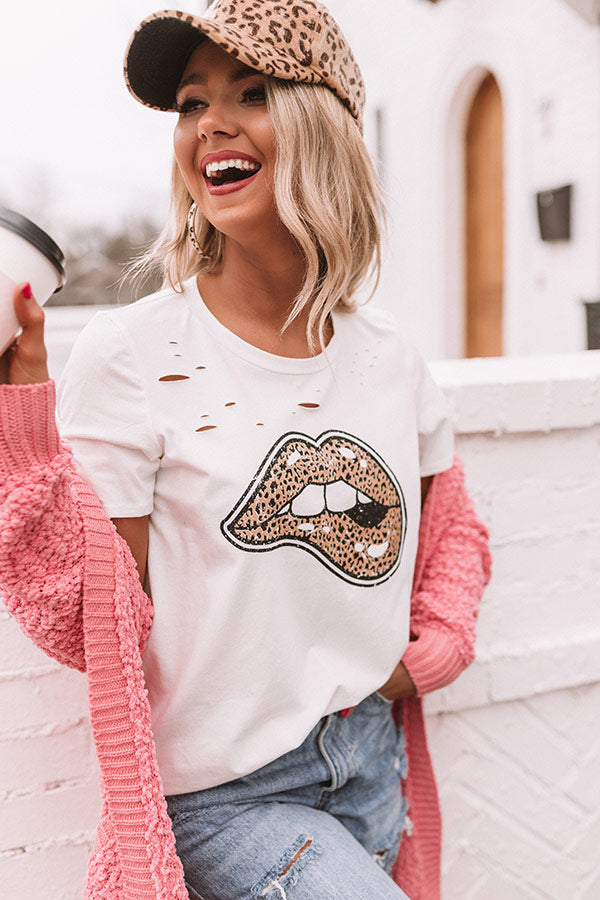 Leopard Lips Distressed Boyfriend Tee In White Image - 1