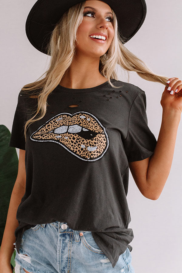 Leopard Lips Distressed Boyfriend Tee In Black Image - 4