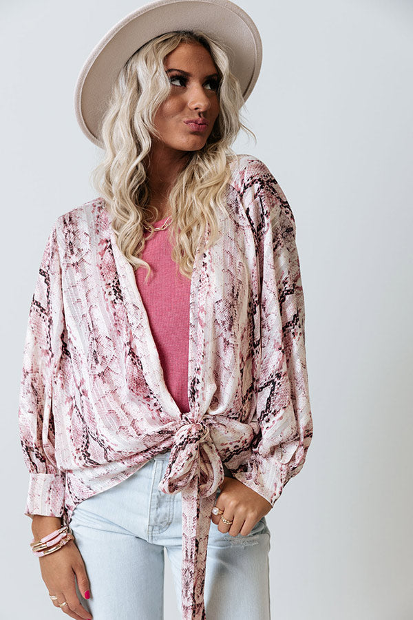 Vacay Bound Front Tie Snake Print Overlay