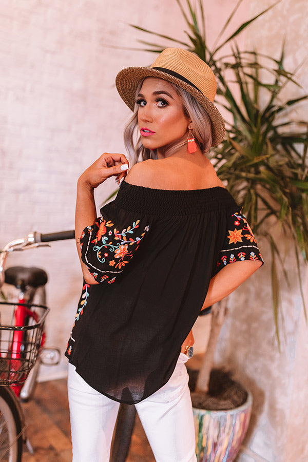 Vacay Babe Embroidered Off Shoulder Top in Black Image - 5