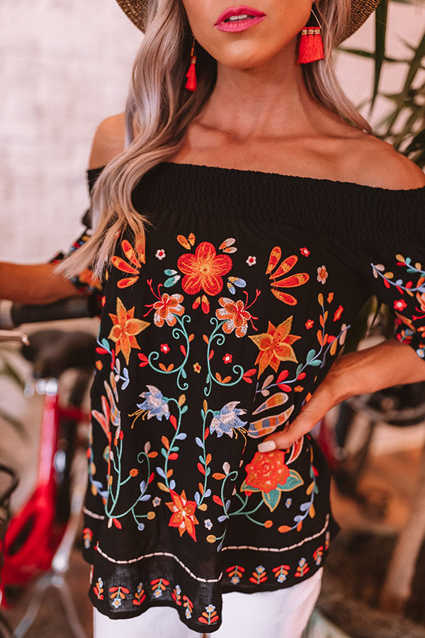 Vacay Babe Embroidered Off Shoulder Top in Black Image - 4