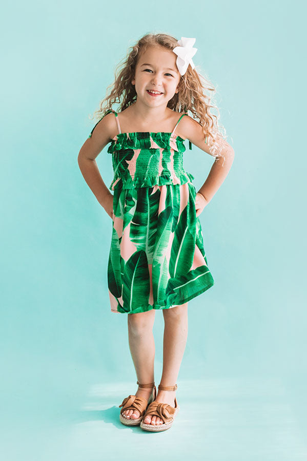 Pools And Palm Trees Children's Smocked Dress In Palm Leaf Green