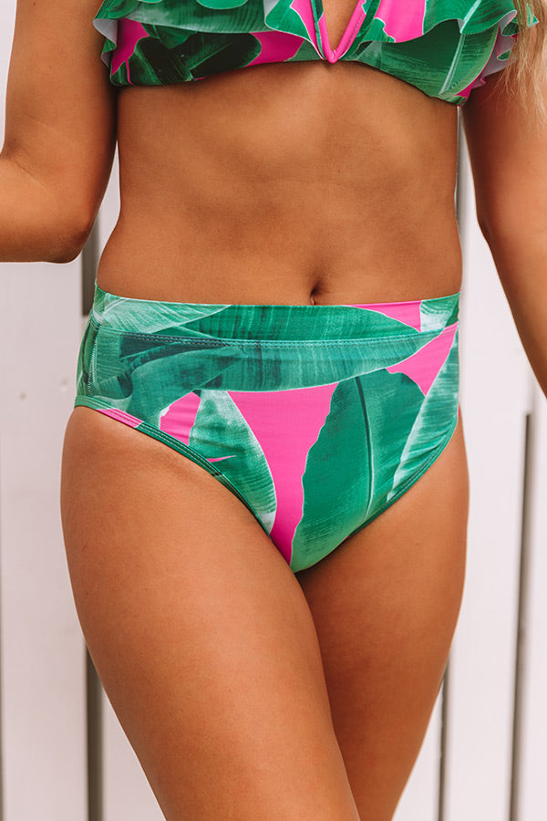 Tans And Tikis High Waist Cheeky Bikini Bottom in Palm Leaf Green