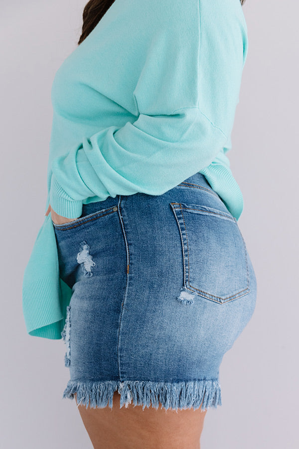 The Kendra High Waist Frayed Shorts In Medium Wash Curves Image - 2