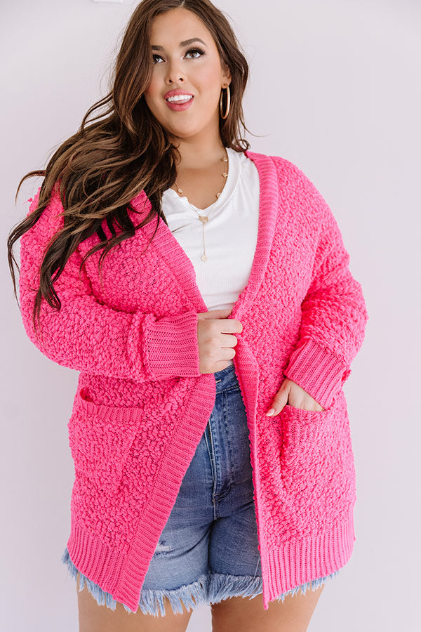 Brunching Babes Popcorn Knit Cardigan In Hot Pink Curves Image - 1